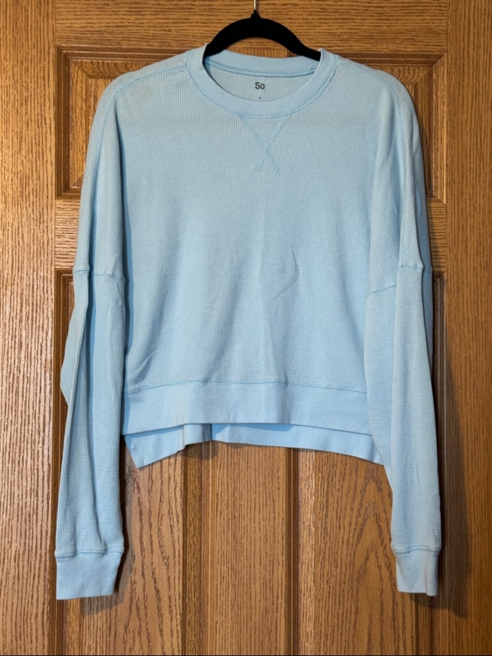 SO Light Blue Waffle-Knit Cropped Crewneck Sweatshirt